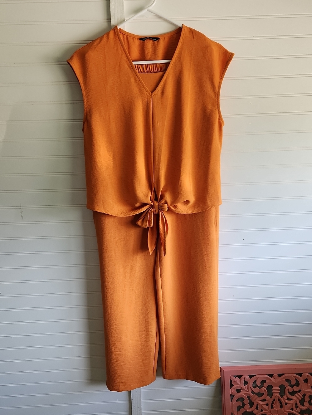 Sleeveless V-Neck Tie-Front Jumpsuit in Orange